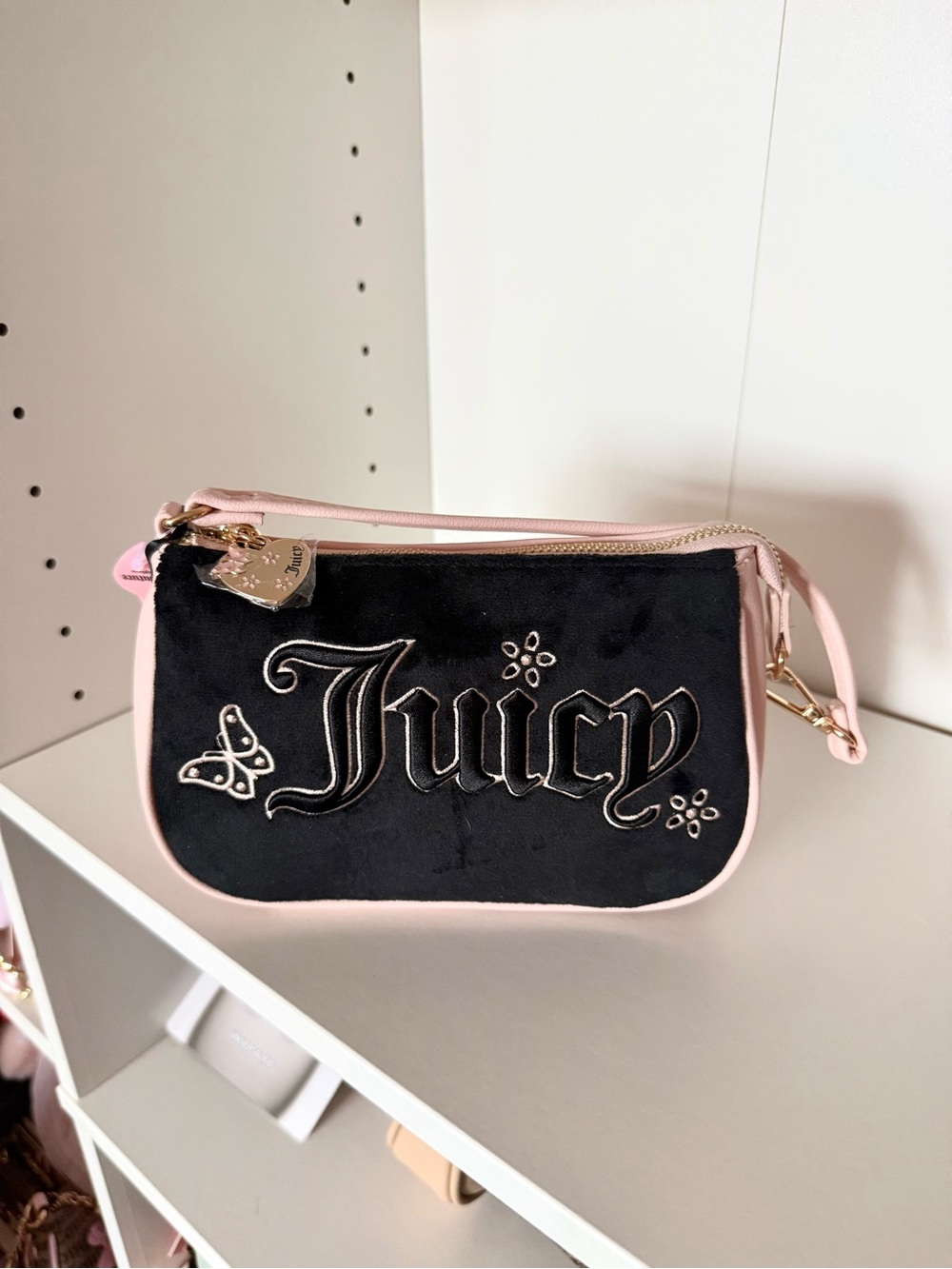Juicy Couture “Juicy In The Sky” Velvet Wristlet with Pink Trim & Gold Hardware